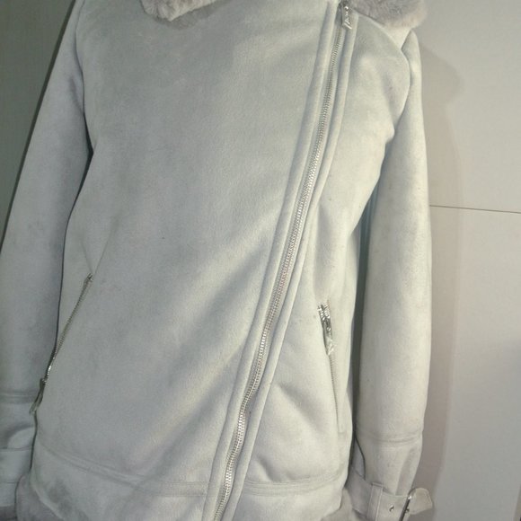 Hollister Biker Jacket Small Faux Suede Fur Grey Plush Super Soft NEW With Defec - Picture 14 of 14